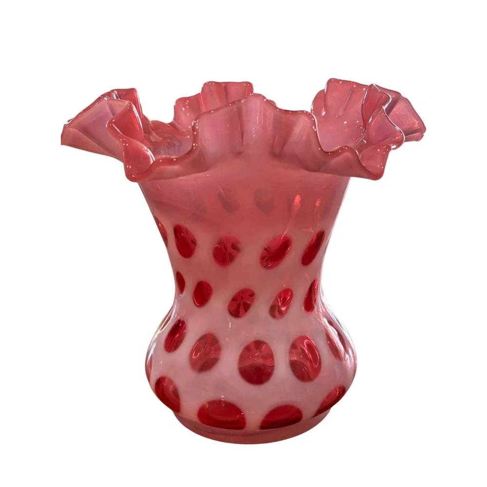 Fenton Cranberry Opalescent Coin Dot Ruffled Vase 6 Inch Pink Art Glass Vintage